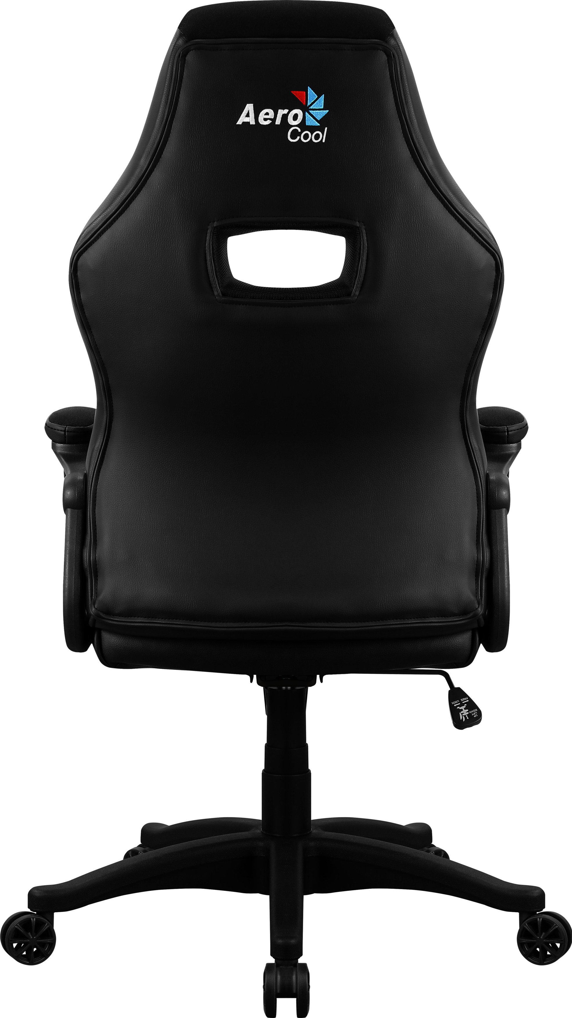 Schwarzer Gaming-Stuhl. Rückansicht, AeroCool-Logo sichtbar.