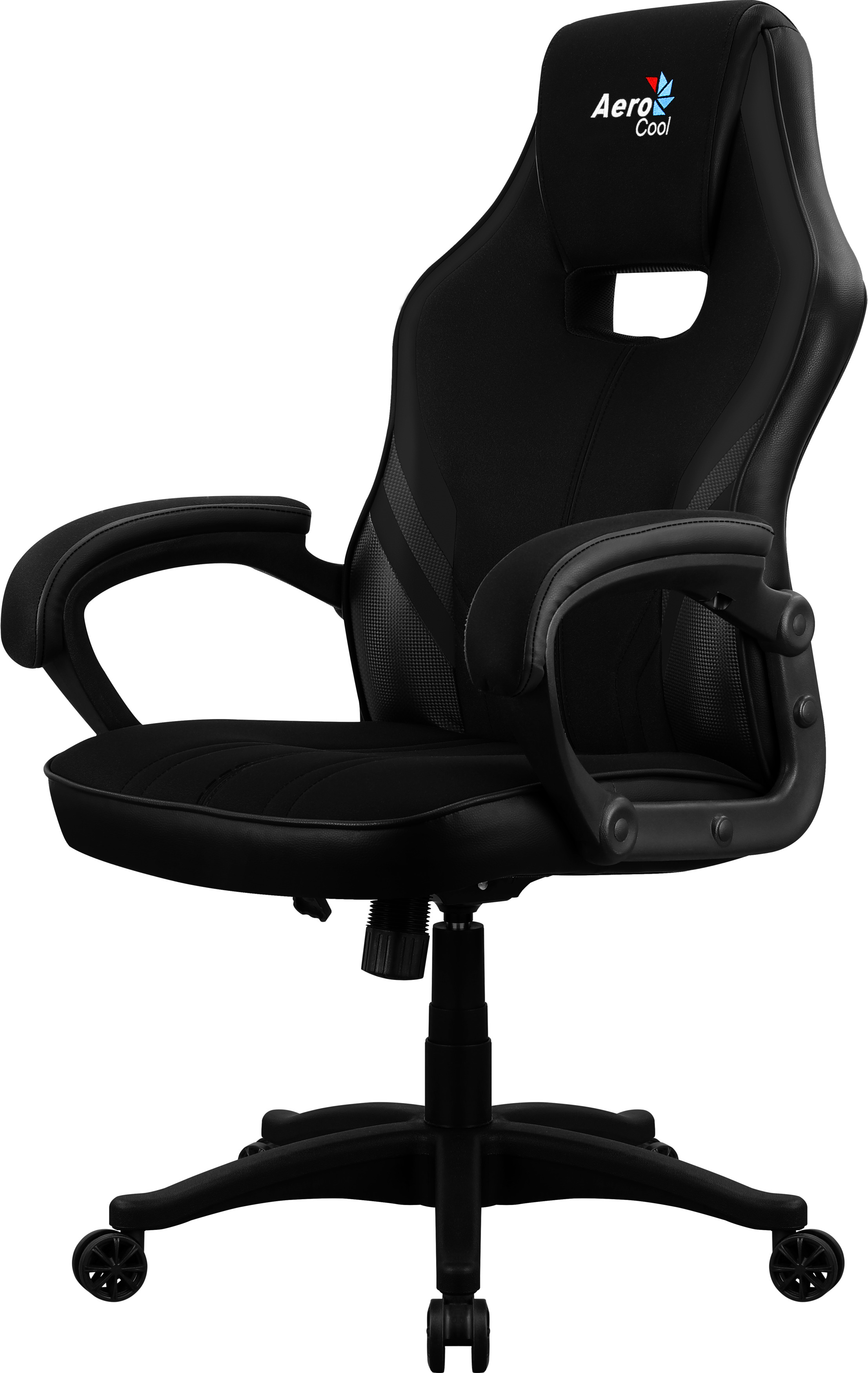 Ein schwarzer Gaming-Stuhl mit einem Logo auf der Kopfstütze.