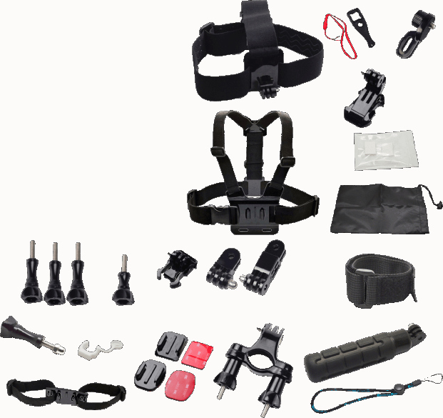 Divers accessoires pour caméras d'action, y compris des sangles de tête et de poitrine, des supports et un sac de transport.