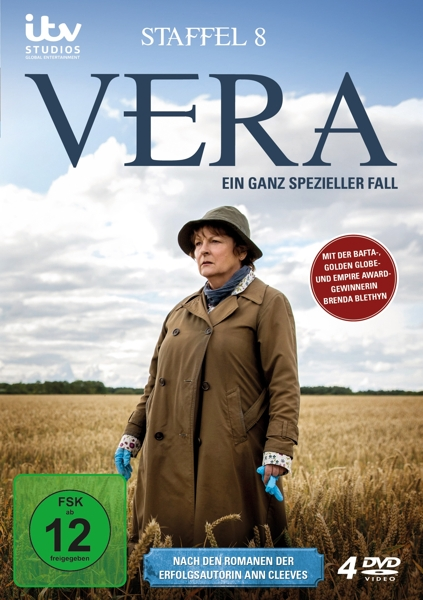 Vera DVD-Cover. Frau in einem Mantel auf einem Weizenfeld. Titel und Episodendetails sichtbar.