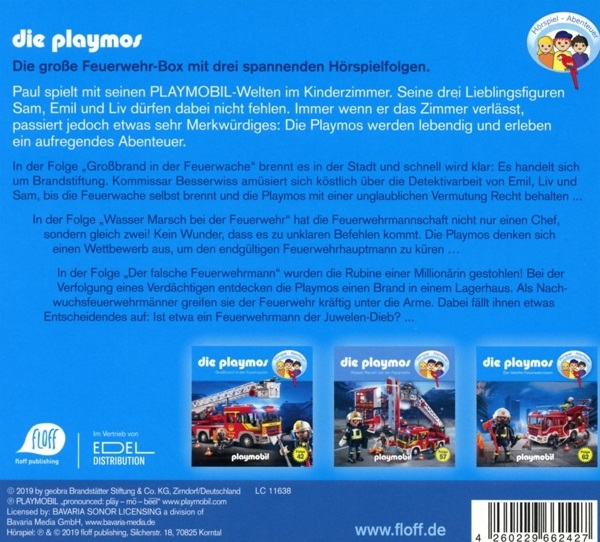 Rückseite eines Kinderbuchs mit drei Comic-Illustrationen von Feuerwehrleuten und Feuerwehrautos.