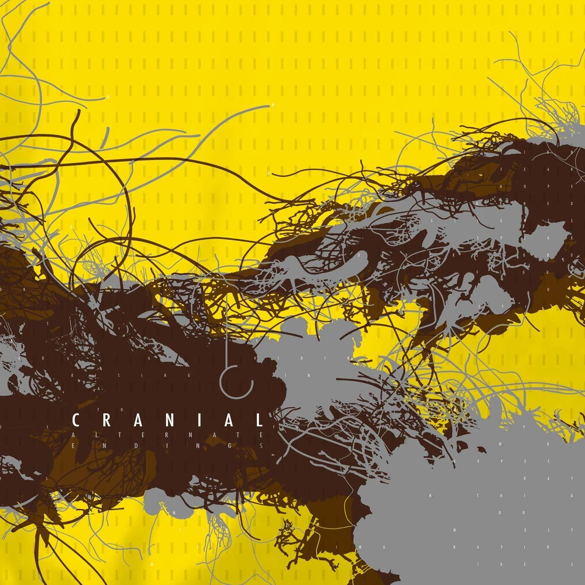 Abstrakte Kunst mit gelbem Hintergrund und braunen und grauen organischen Formen. Titel 'Cranial Alternate Endings'.