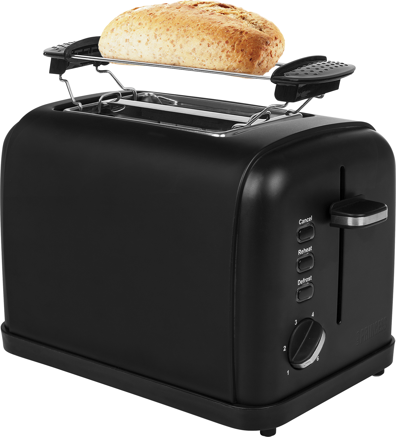 Zwarte broodrooster met een sneetje brood erop, klaar om te roosteren.