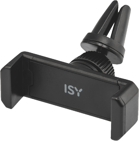 Support de téléphone de voiture noir avec logo 'ISY'. Il a un clip pour aération et un support de téléphone.