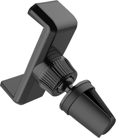 Un support de téléphone de voiture noir avec une rotule et une pince de ventilation, isolé sur blanc.