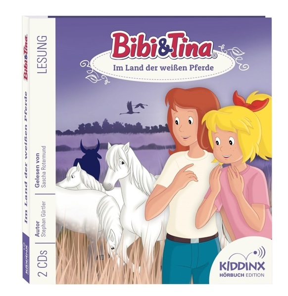 Hörbuchcover. Zwei Mädchen und weiße Pferde auf einem Feld.