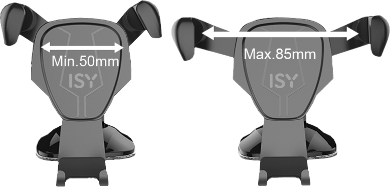 Un support de téléphone de voiture, montrant les dimensions de largeur minimale et maximale, en gris.