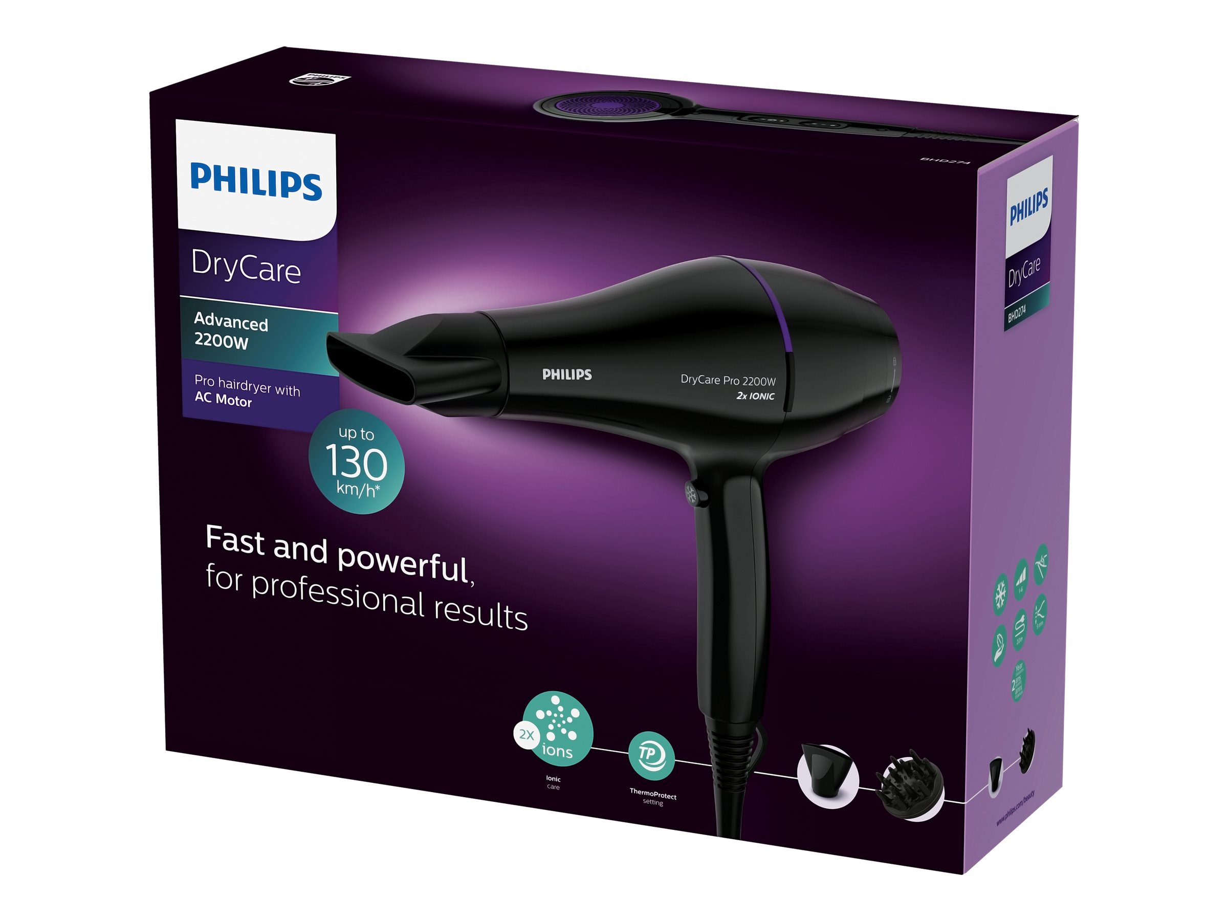 Schwarzer Philips Haartrockner in einer Box mit lila Akzenten. Text: DryCare Advanced 2200W, bis zu 130 km/h.
