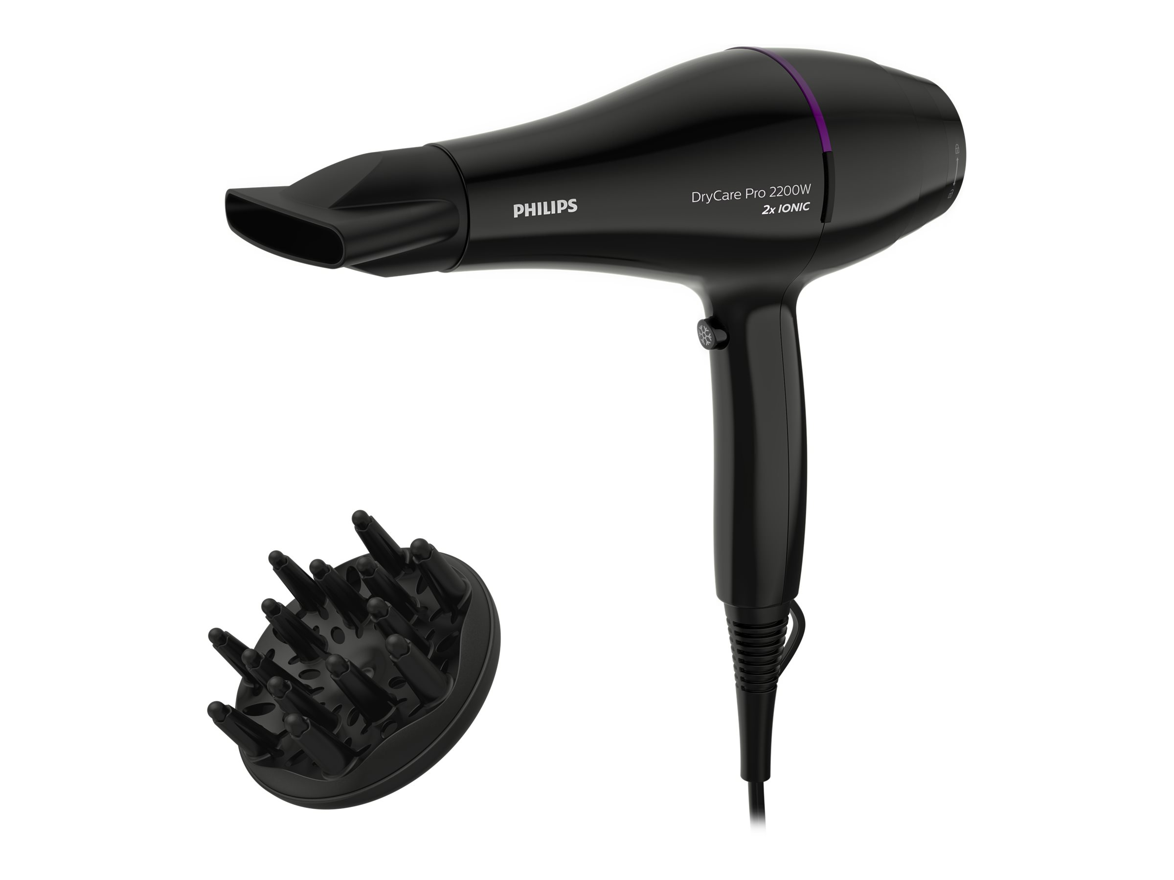 Schwarzer Philips Haartrockner mit Diffusoraufsatz. Weißer Hintergrund, Produktaufnahme. Seitenansicht.