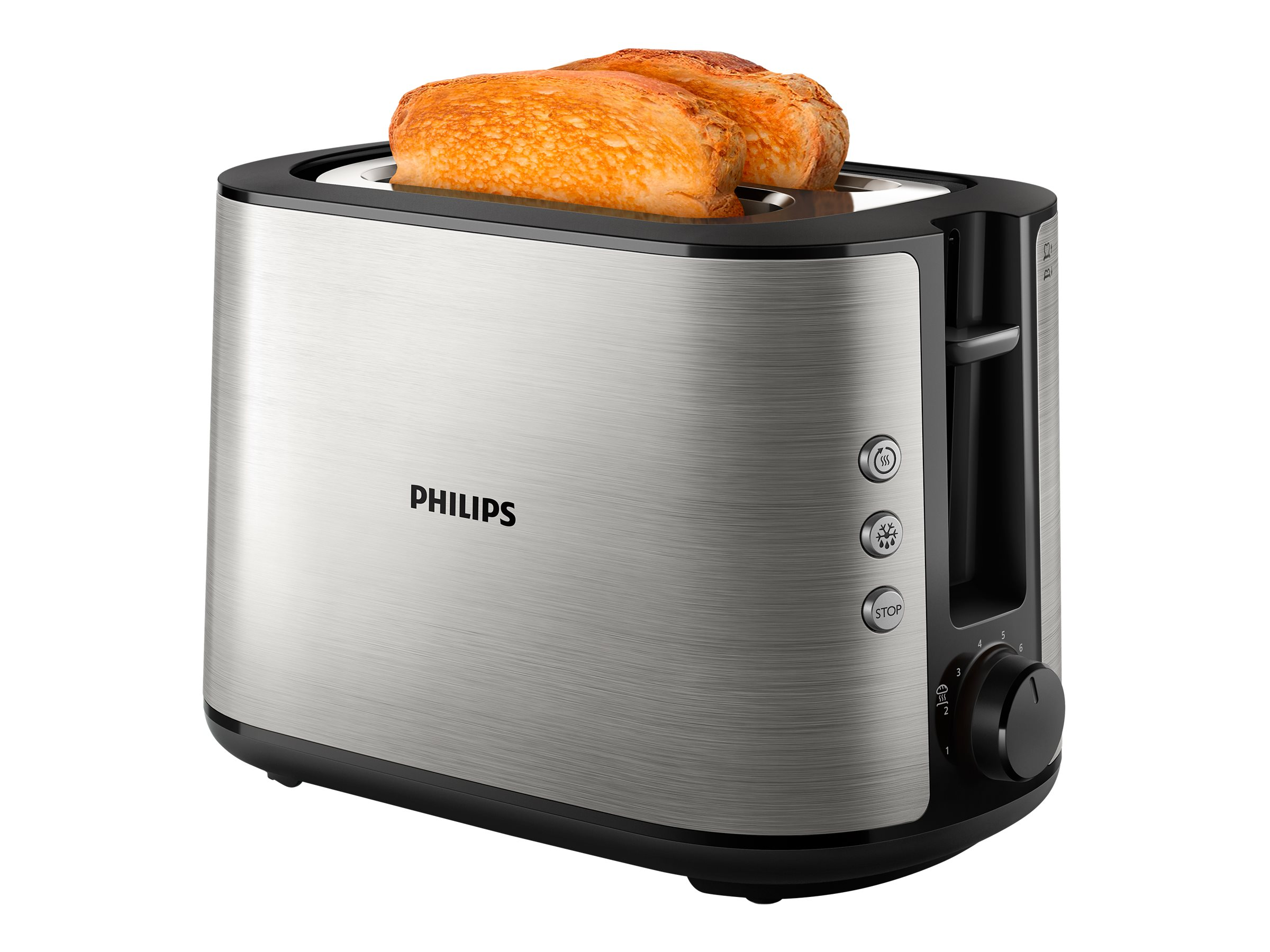 Silberner Philips Toaster mit zwei Toastbrotscheiben. Schwarze Basis, weißer Hintergrund.