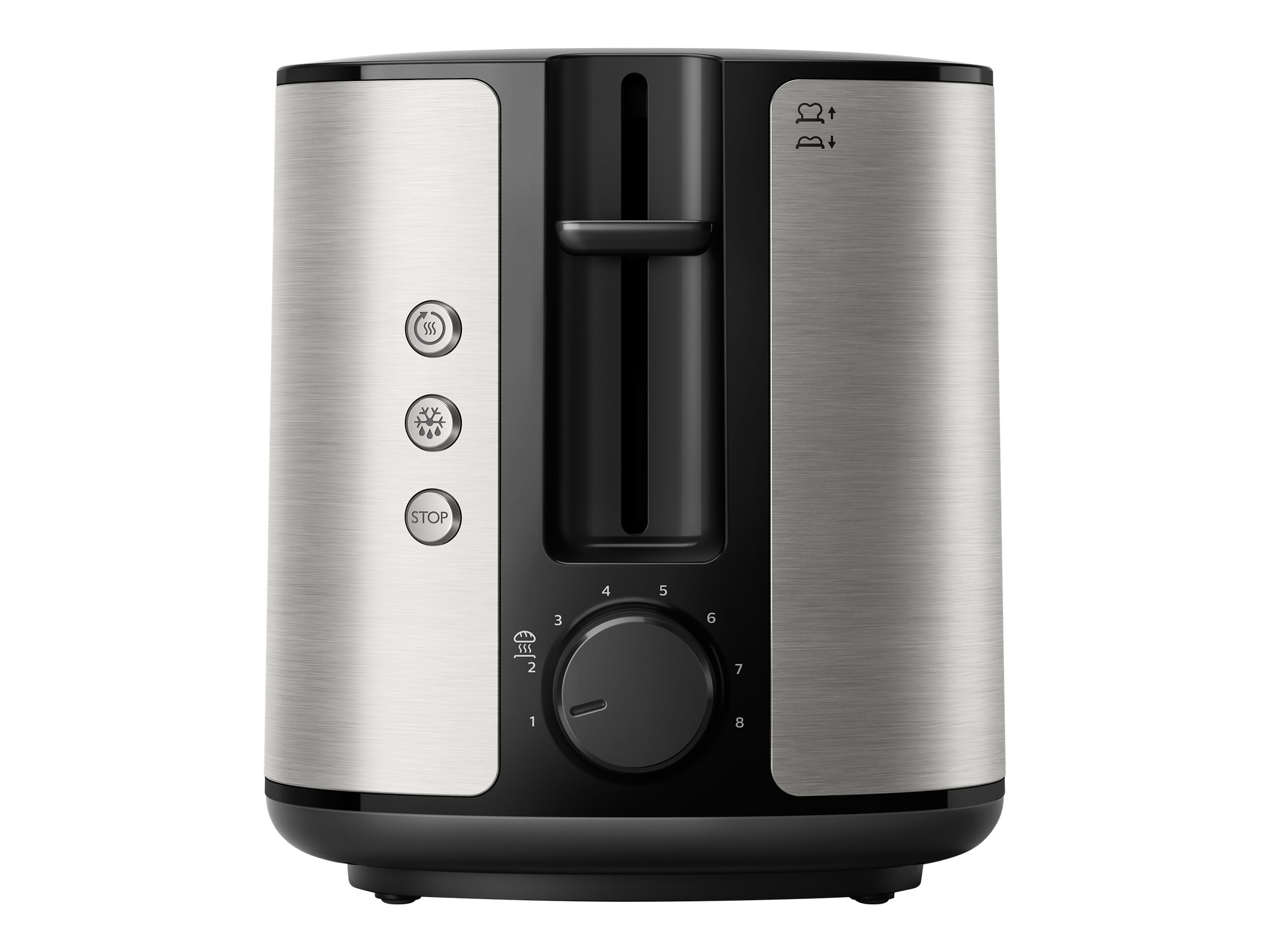 Silber-schwarzer Toaster mit schwarzem Bedienfeld und Einstellungen von 1 bis 8.