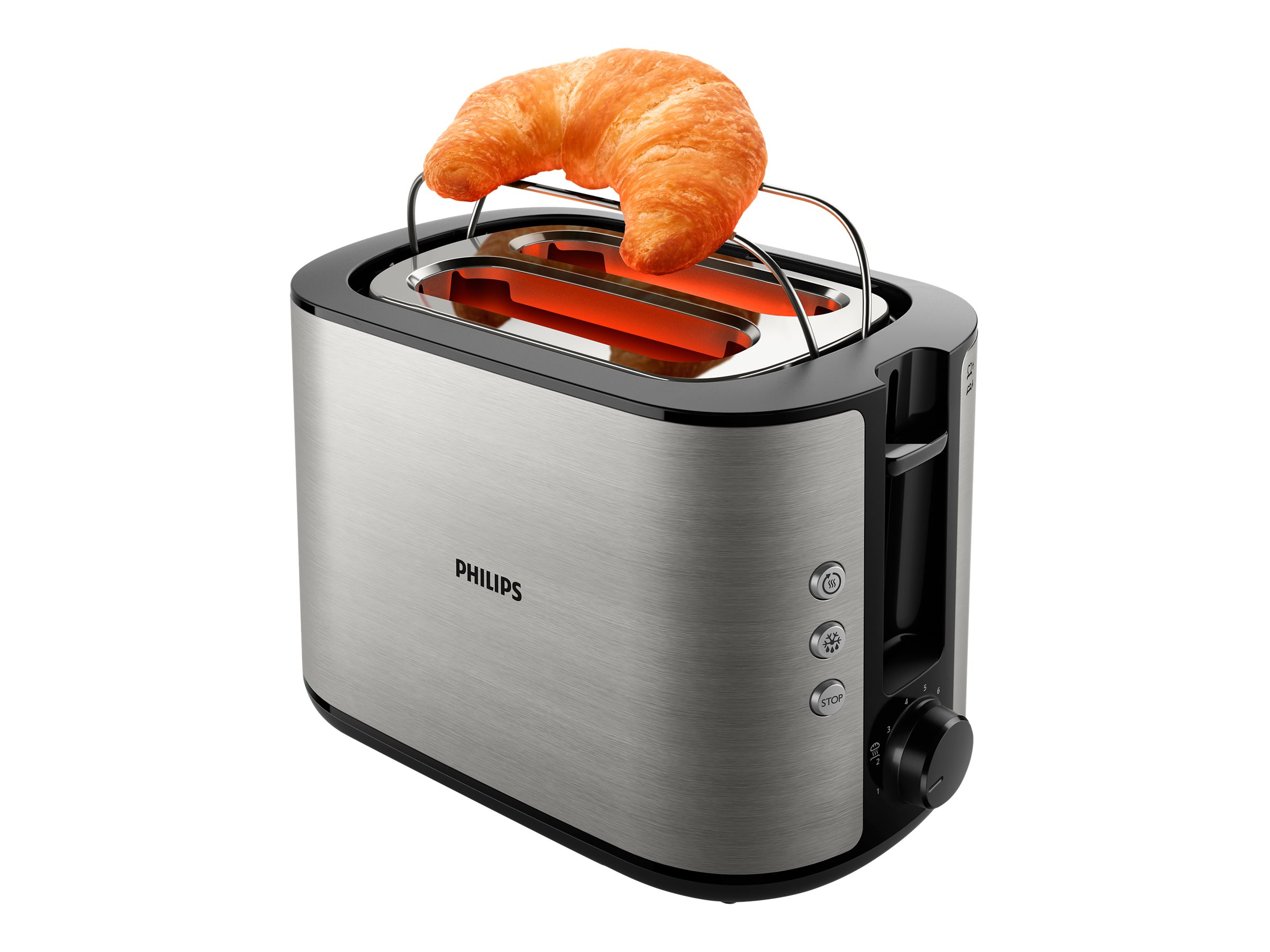 Ein silberner Philips-Toaster mit einem Croissant oben. Der Toaster steht auf einer weißen Oberfläche.