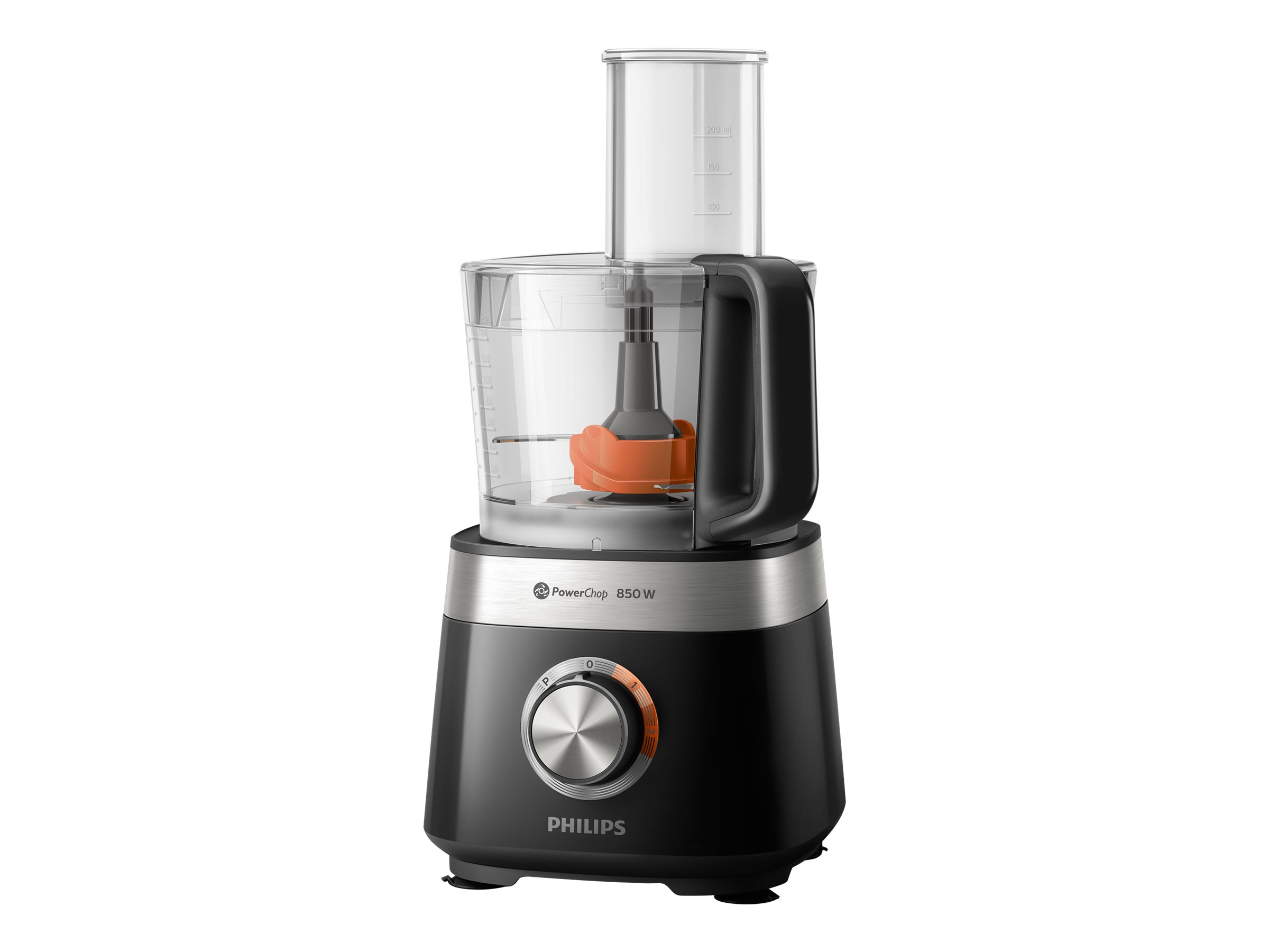 Schwarzer Philips-Küchenmaschine mit silberner Basis und transparentem Behälter.