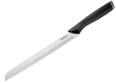 Tefal kés fekete nyéllel és fogazott pengével. Fehér háttér. A Tefal logó látható.