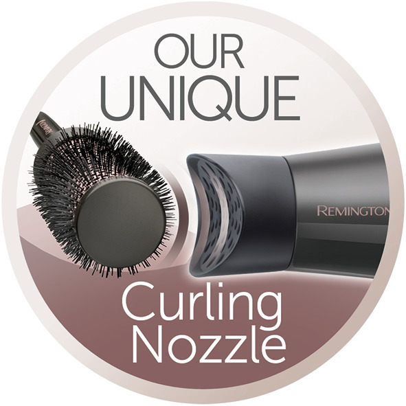 Rundes Etikett mit Lockenaufsatz und Bürste. Der Text lautet 'Our Unique Curling Nozzle' mit der Marke Remington.