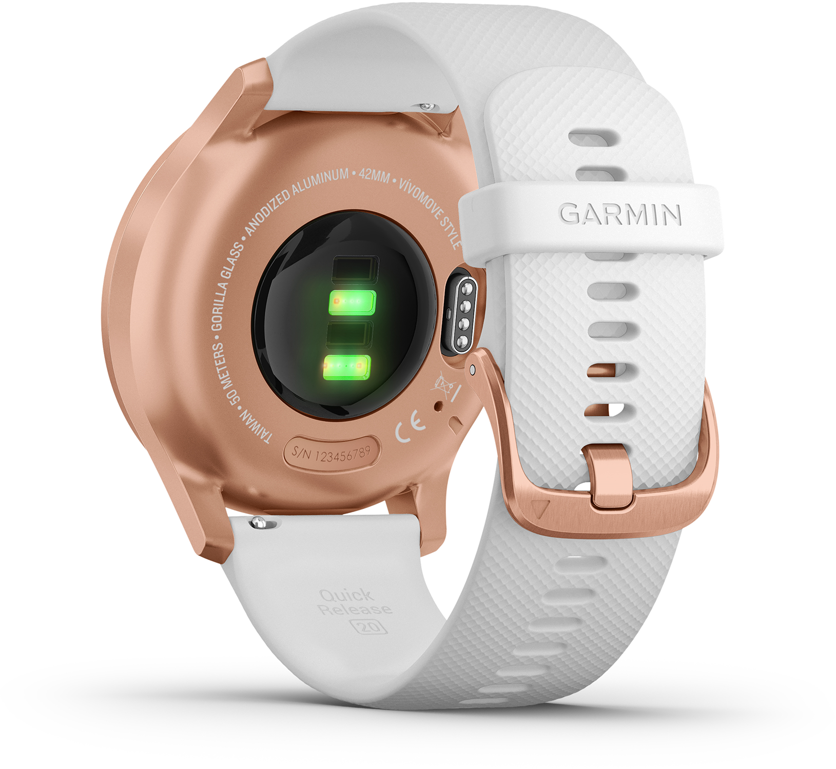 Achteraanzicht van een Garmin smartwatch met een roségouden behuizing en een witte band, met de sensor.