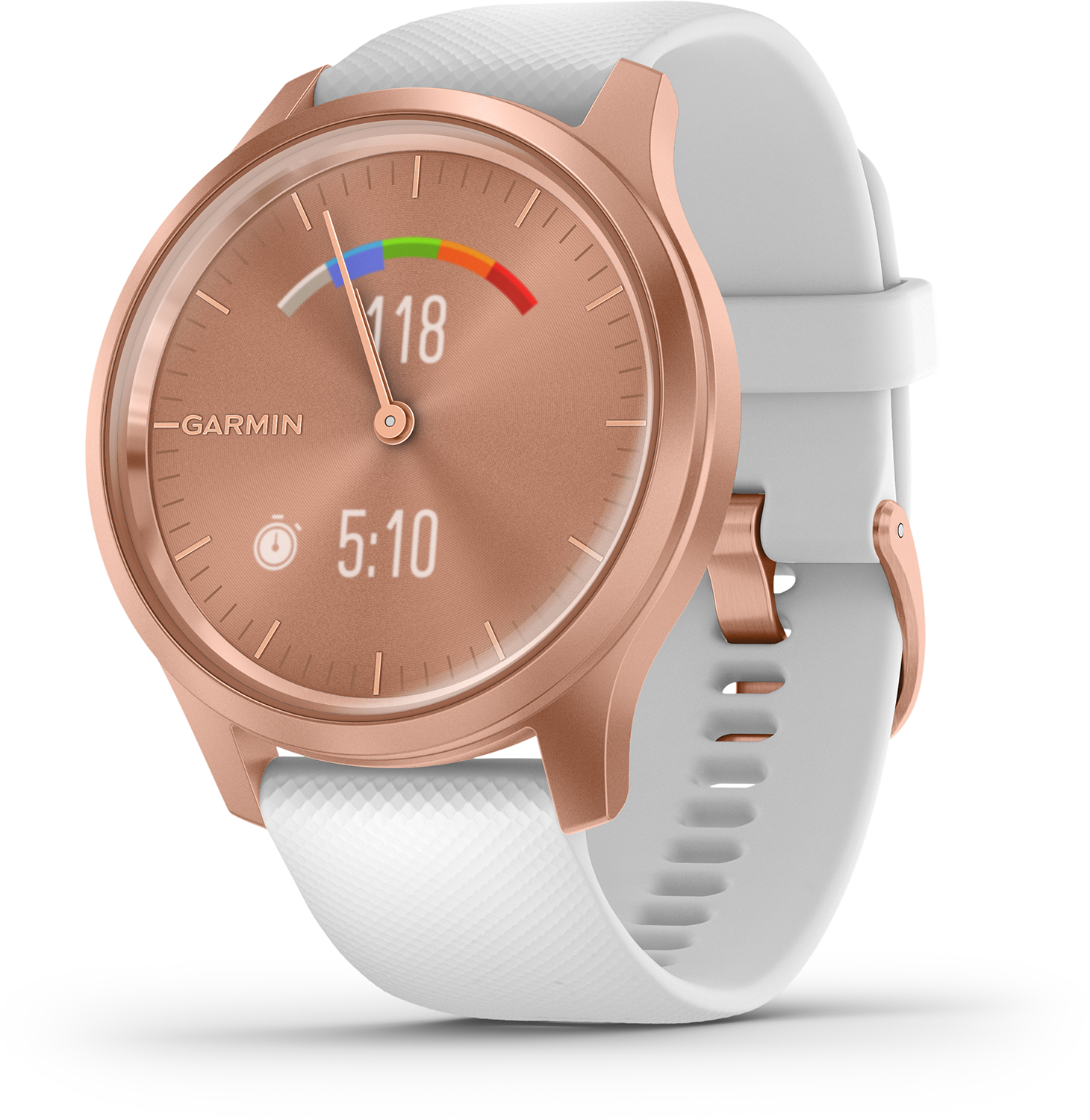 Roségouden Garmin smartwatch met een witte band, met tijd en activiteitsgegevens.
