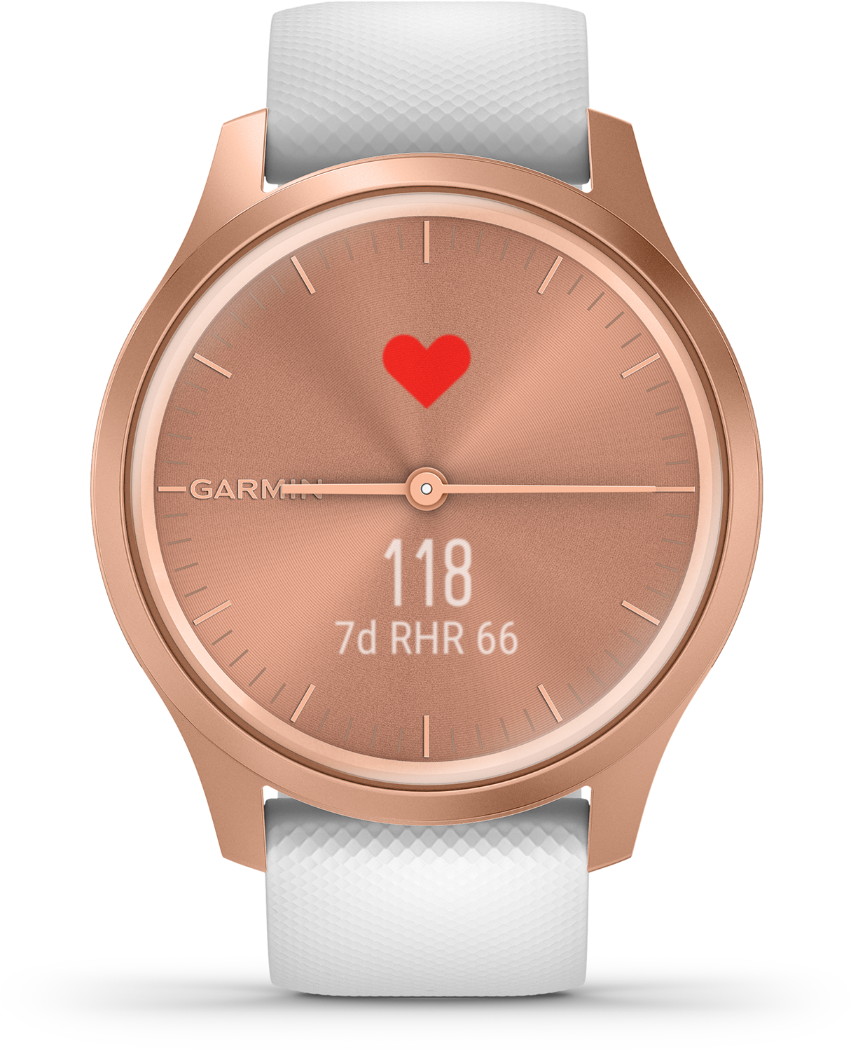 Rosé gouden smartwatch met een witte band. Toont hartslag en statistieken.
