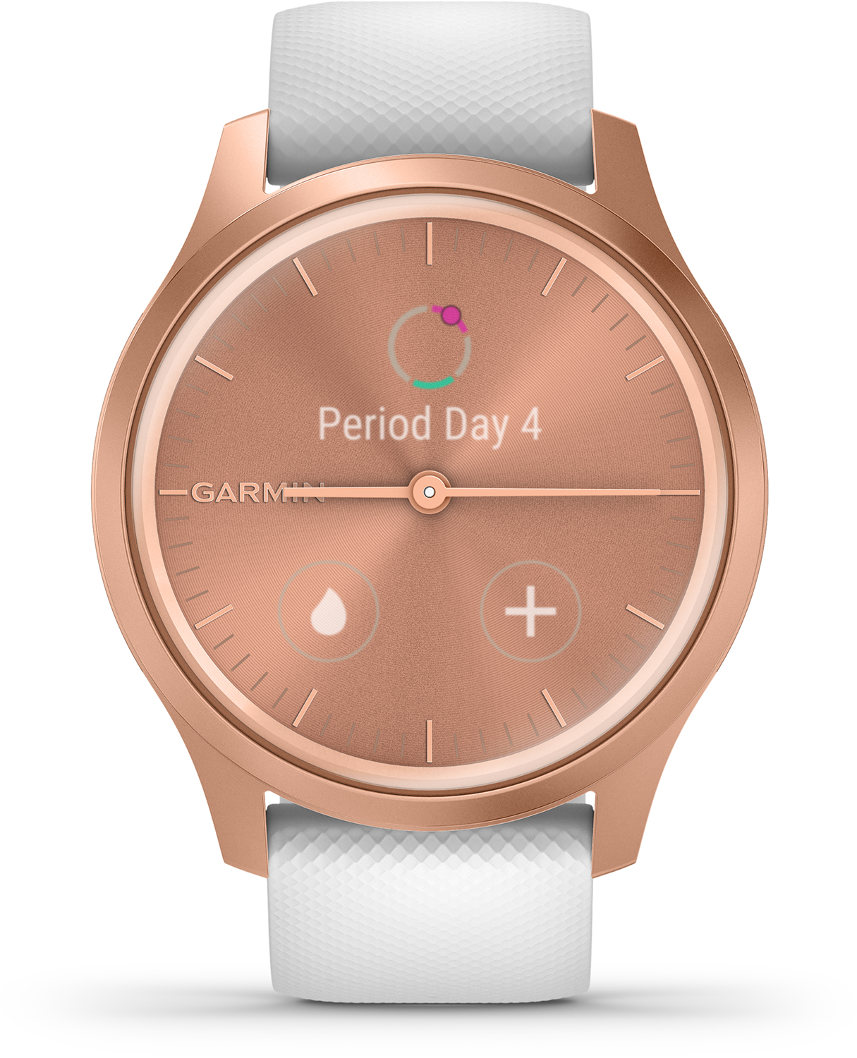 Roségouden Garmin horloge met witte band. Het scherm toont dag 4 van de menstruatie en andere gezondheidsindicatoren.