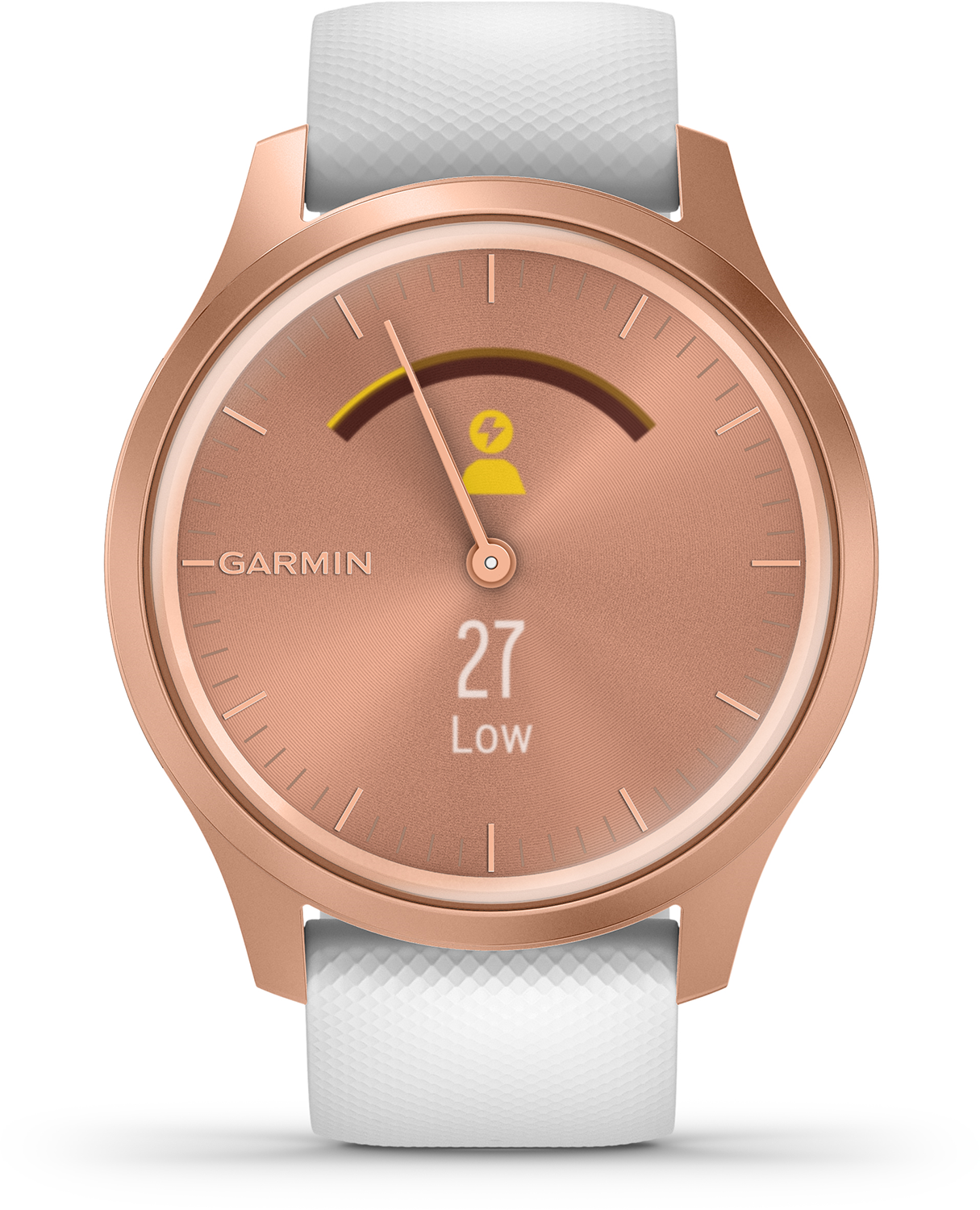 Roségouden Garmin smartwatch met witte band.