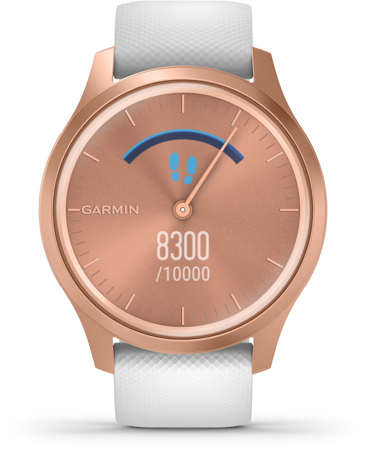 Roségouden smartwatch met witte band, met het aantal stappen.