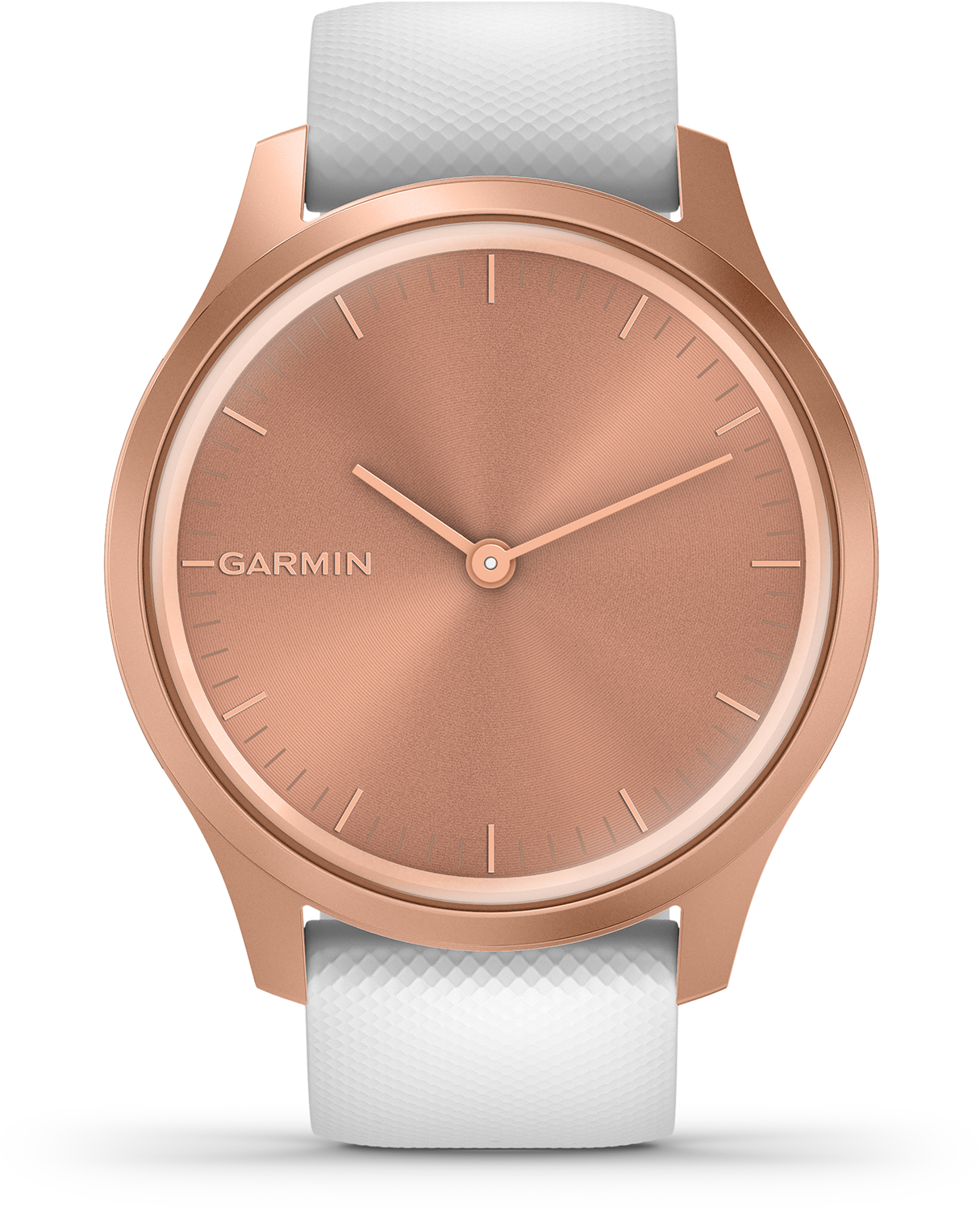 Rosé gouden Garmin horloge met een witte band, met een witte achtergrond.