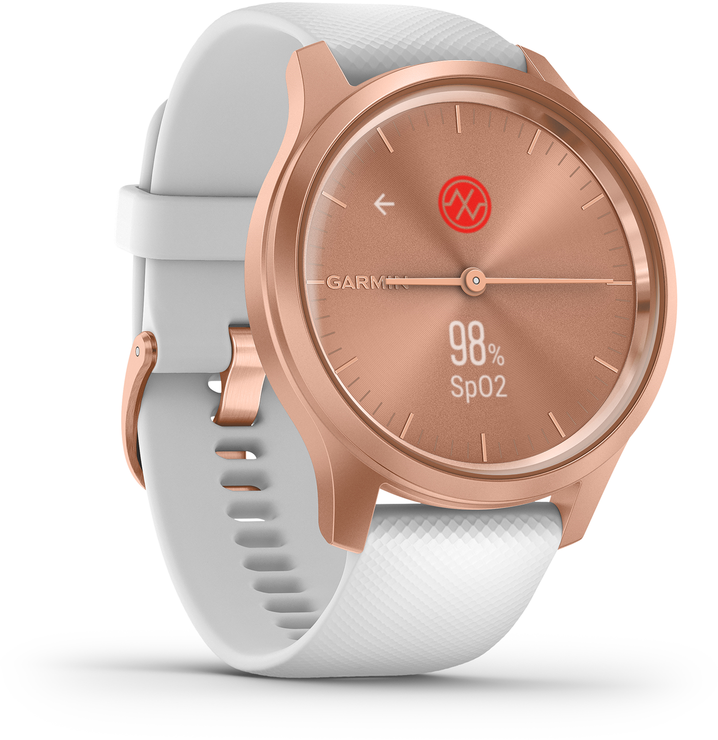 Rosegouden Garmin smartwatch met witte band, toont SpO2 en hartslaggegevens.