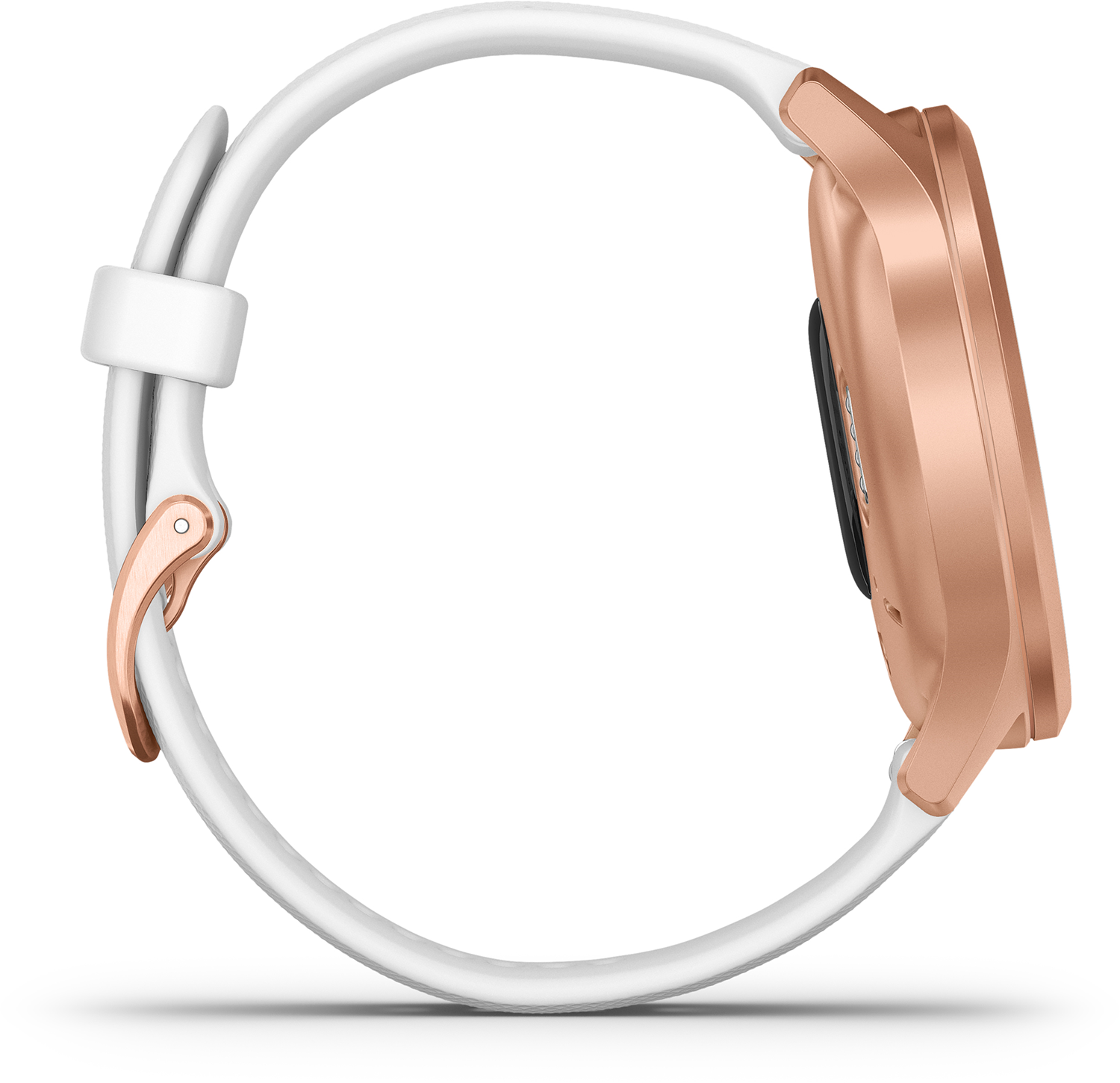 Zijaanzicht van een roségouden smartwatch met een witte band.