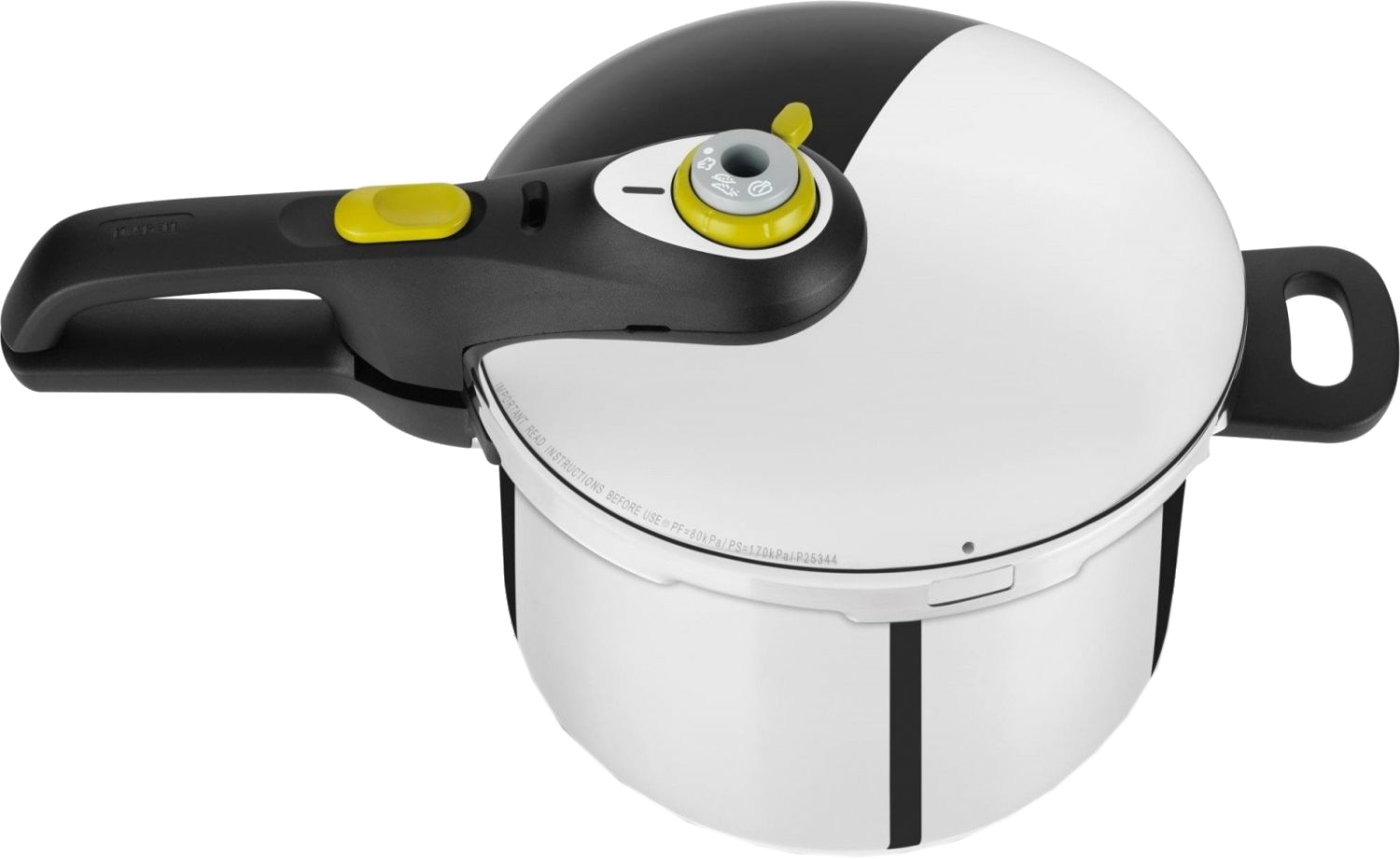 Egy ezüst Tefal kukta. A fogantyú fekete, sárga díszítéssel.