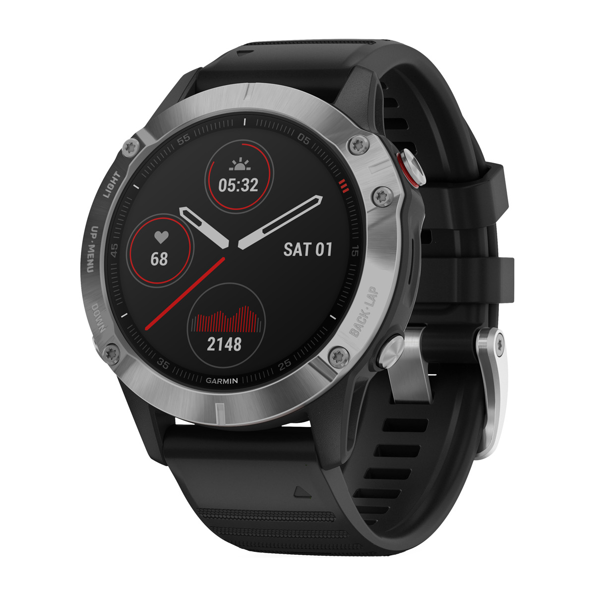 Un smartwatch Garmin con correa negra y carcasa plateada, que muestra datos.