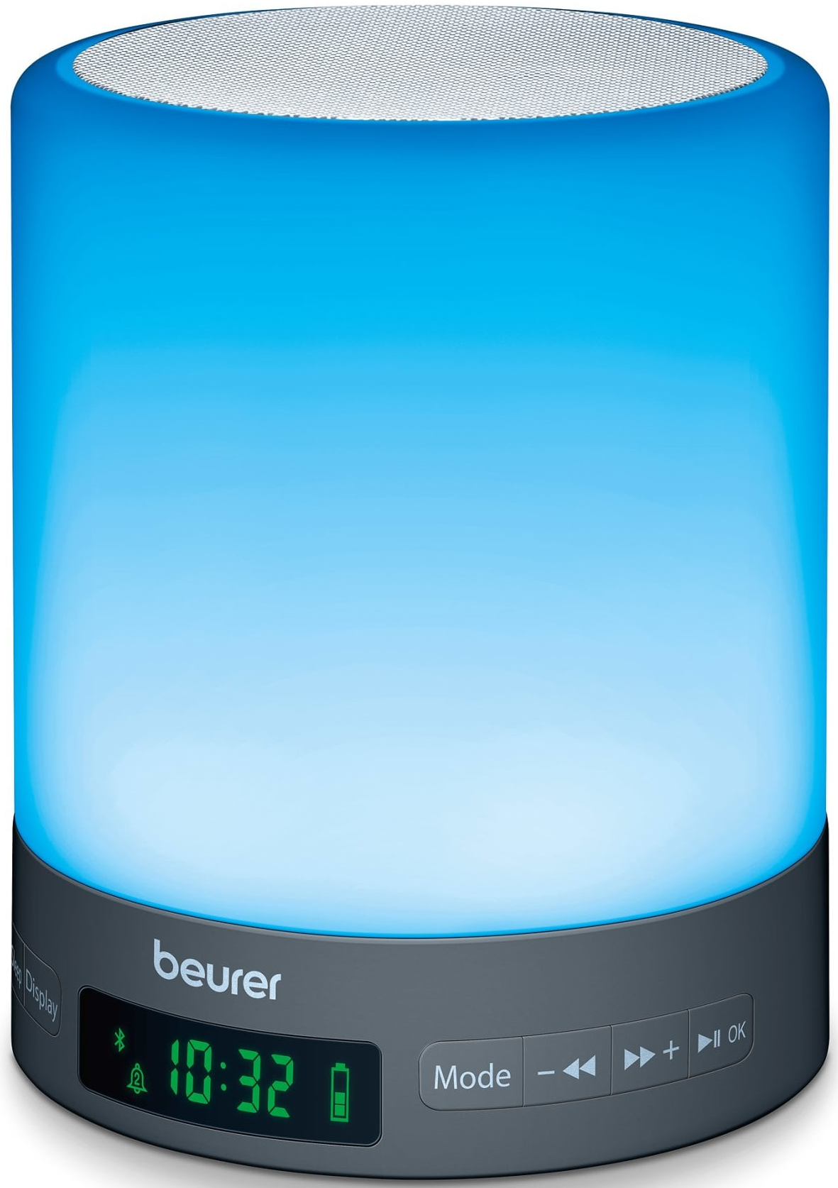Une lampe de chevet blanche et grise avec un affichage numérique de 10:32.