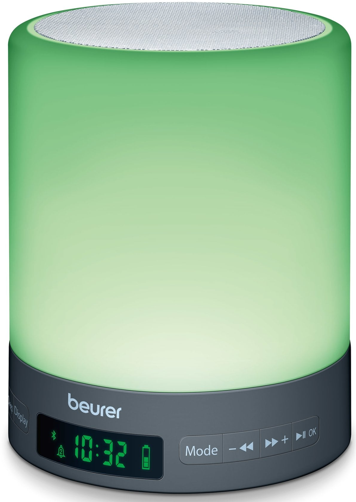 Un haut-parleur veilleuse avec une lueur verte et une horloge numérique.