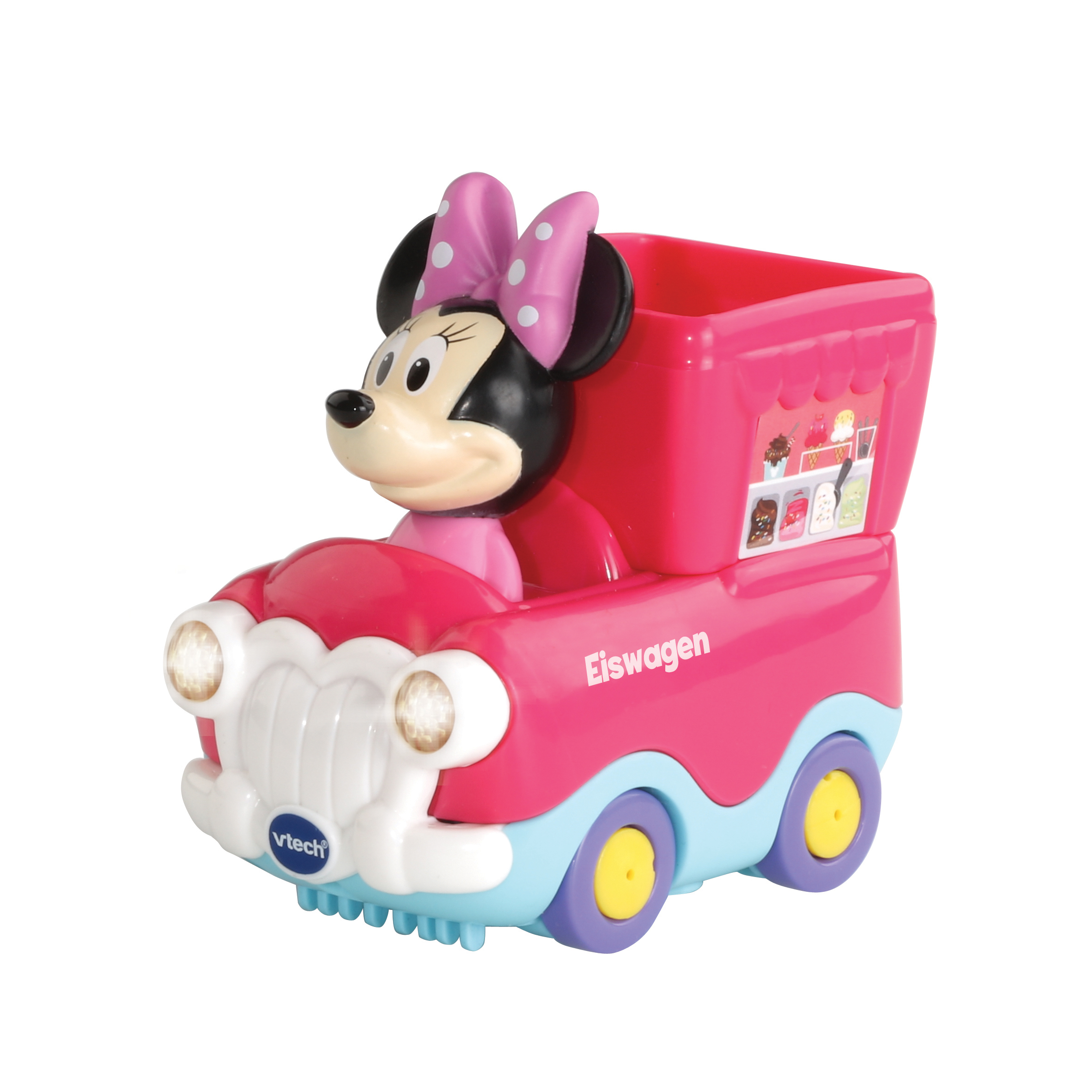 Ein pinkfarbenes Minnie-Maus-Eiswagen-Spielzeug. Minnie sitzt am Steuer. Das Auto hat Lichter.