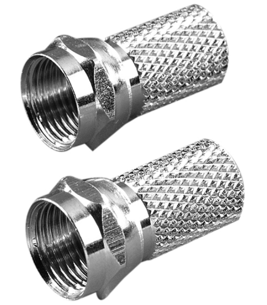 Zwei silberne F-Stecker. Sie haben einen strukturierten, rautenförmigen Körper.