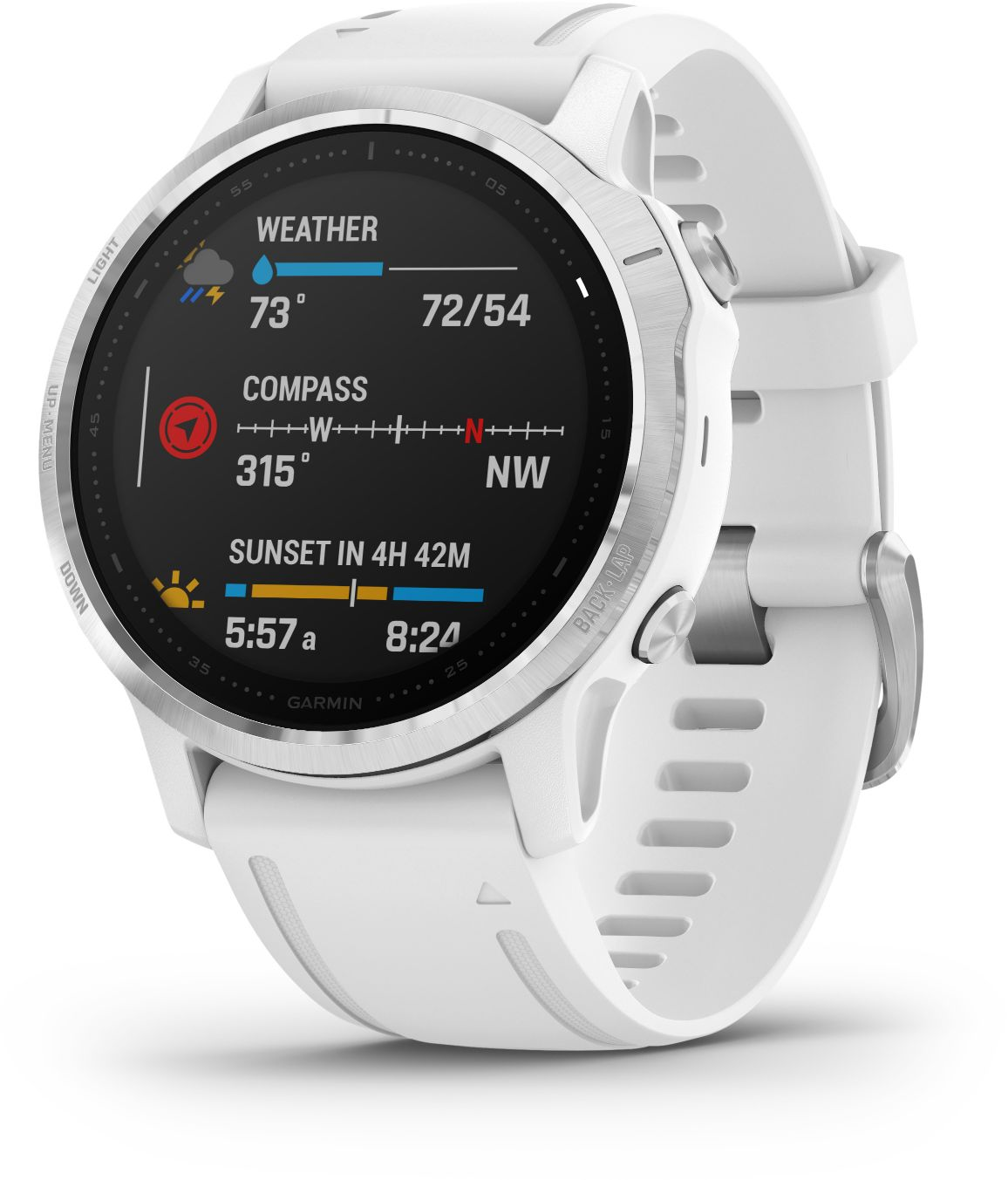 Un smartwatch Garmin blanco con pantalla negra, mostrando datos de clima, brújula y hora.