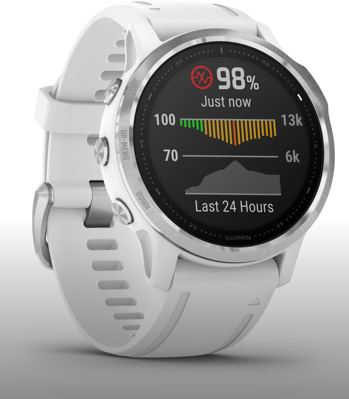 Reloj inteligente Garmin blanco que muestra la frecuencia cardíaca y los datos de actividad.