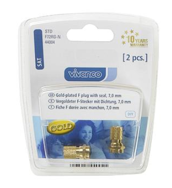 Transparente Kunststoffverpackung mit zwei vergoldeten F-Steckern. Enthält 'Gold' und Produktinformationen.