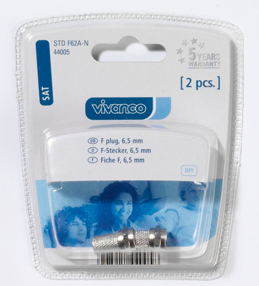 Verpackung für ein Paar F-Stecker. Die Verpackung ist klar, mit Text und Steckern sichtbar.