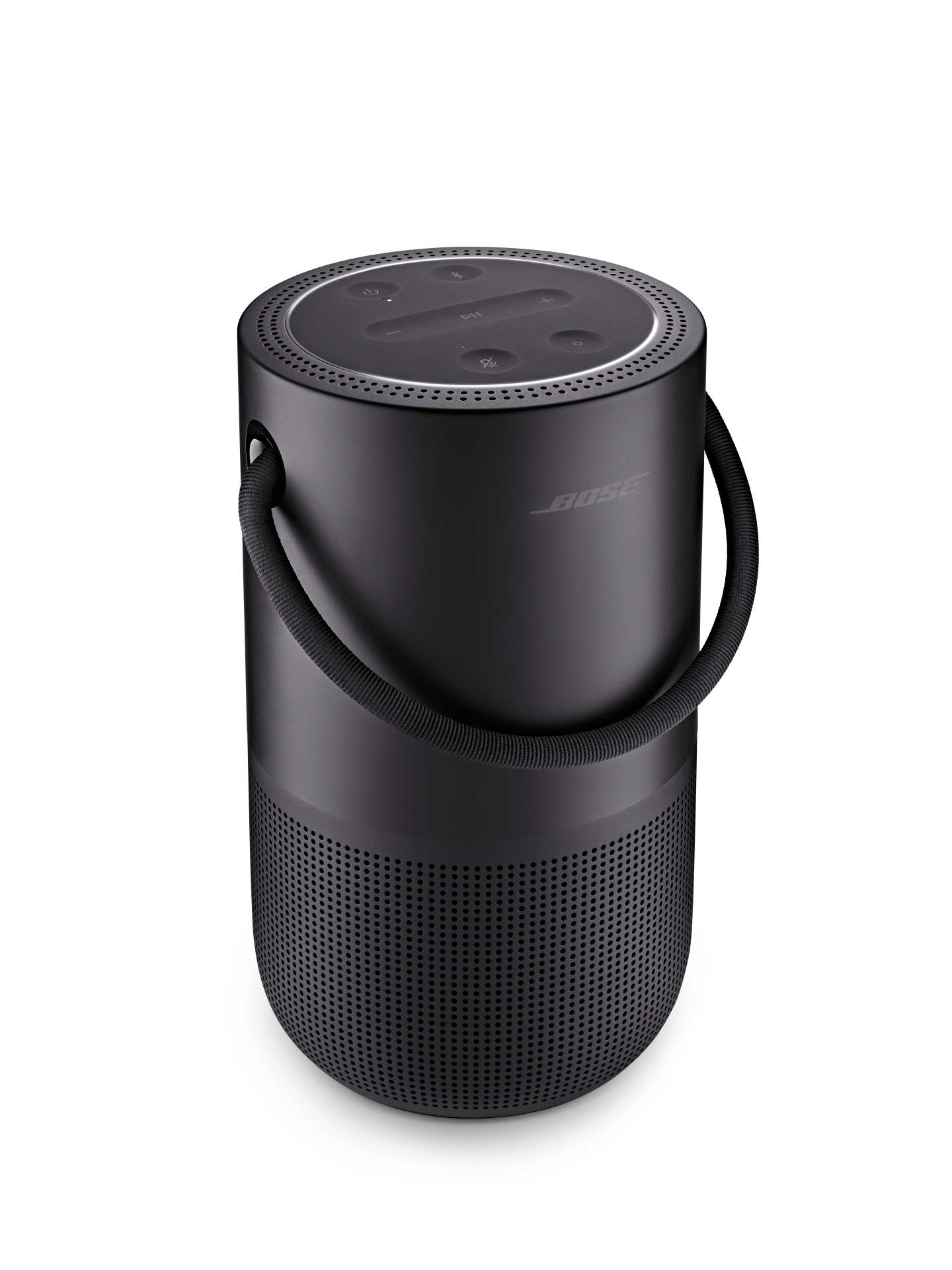Schwarzer zylindrischer Bose-Lautsprecher mit Griff und Bedienknöpfen.