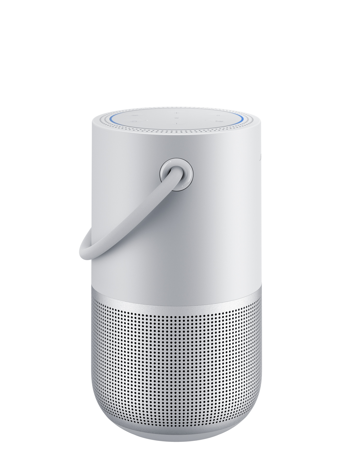 Ein weißer Smart Speaker mit Griff. Er hat einen silbernen Sockel und ein Bose-Logo.