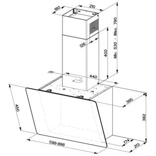 Diagrama de una campana extractora con dimensiones. Es una forma rectangular blanca con frente de vidrio.