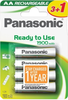 Verpakking Panasonic AA oplaadbare batterijen. Bevat 4 batterijen.