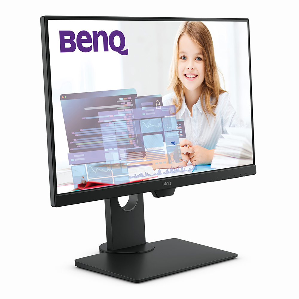Monitor de computadora mostrando una niña sonriente y gráficos de datos, logo BenQ.