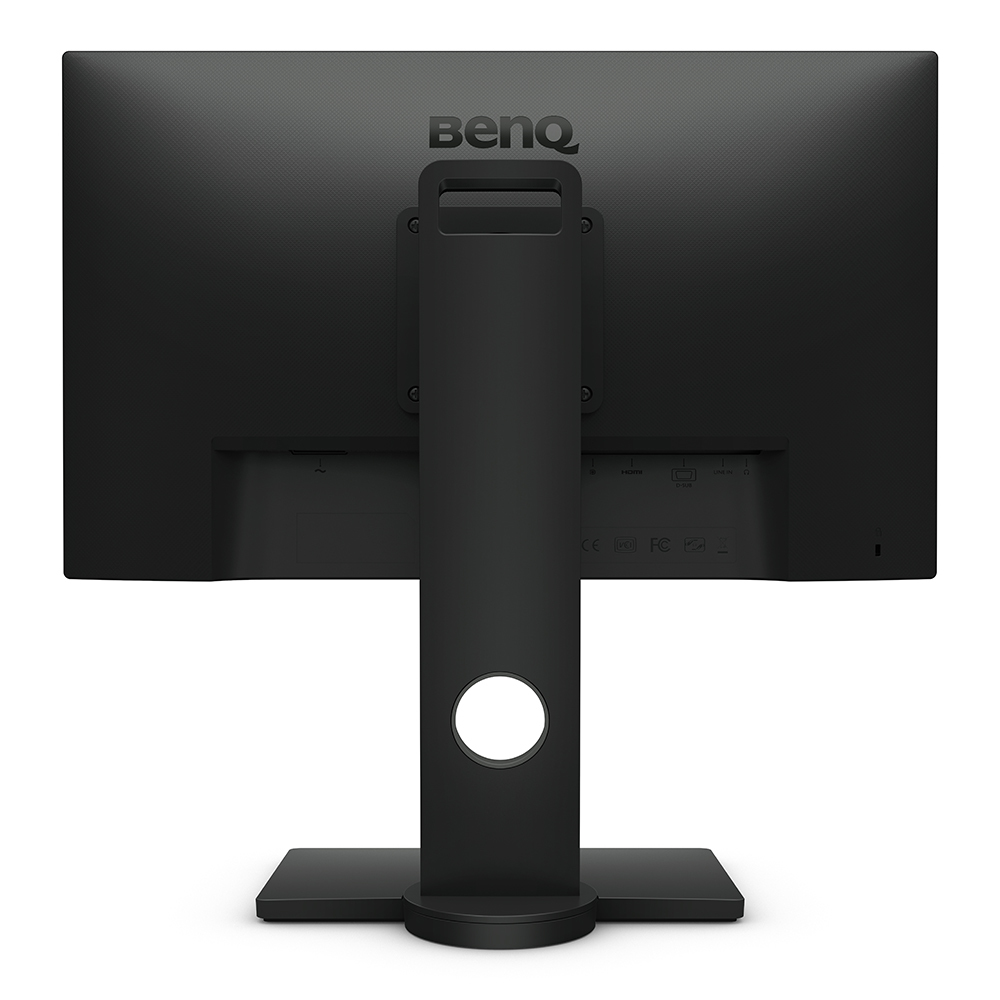 Monitor de ordenador negro con soporte, mostrando la parte trasera. Logo BenQ visible.