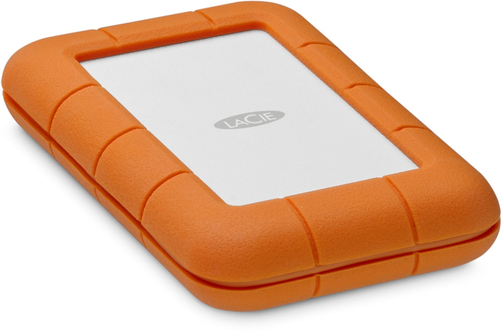 Orange Lacie external hard drive. White rectangle in the middle, orange frame.