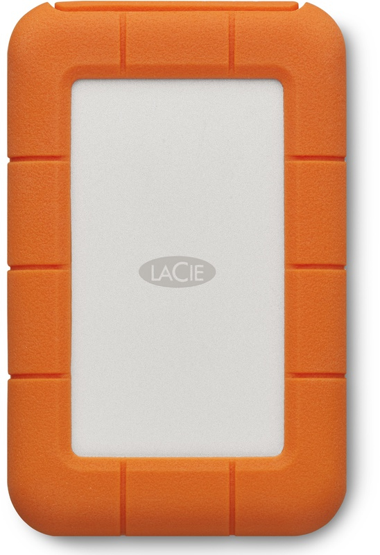 Orange and white hard drive case. Rectangular shape. White background.
