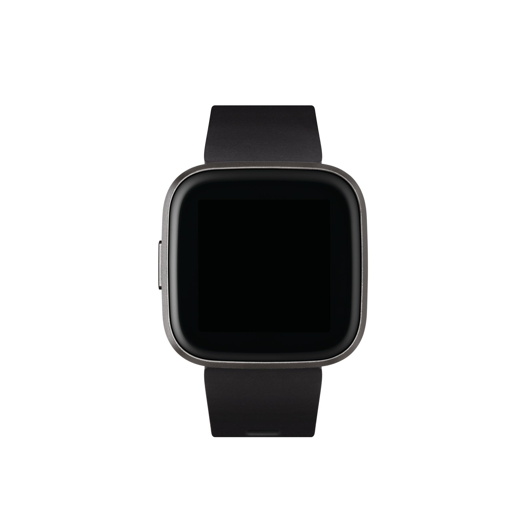 Smartwatch negra con pantalla cuadrada y correa negra. La pantalla está en blanco.