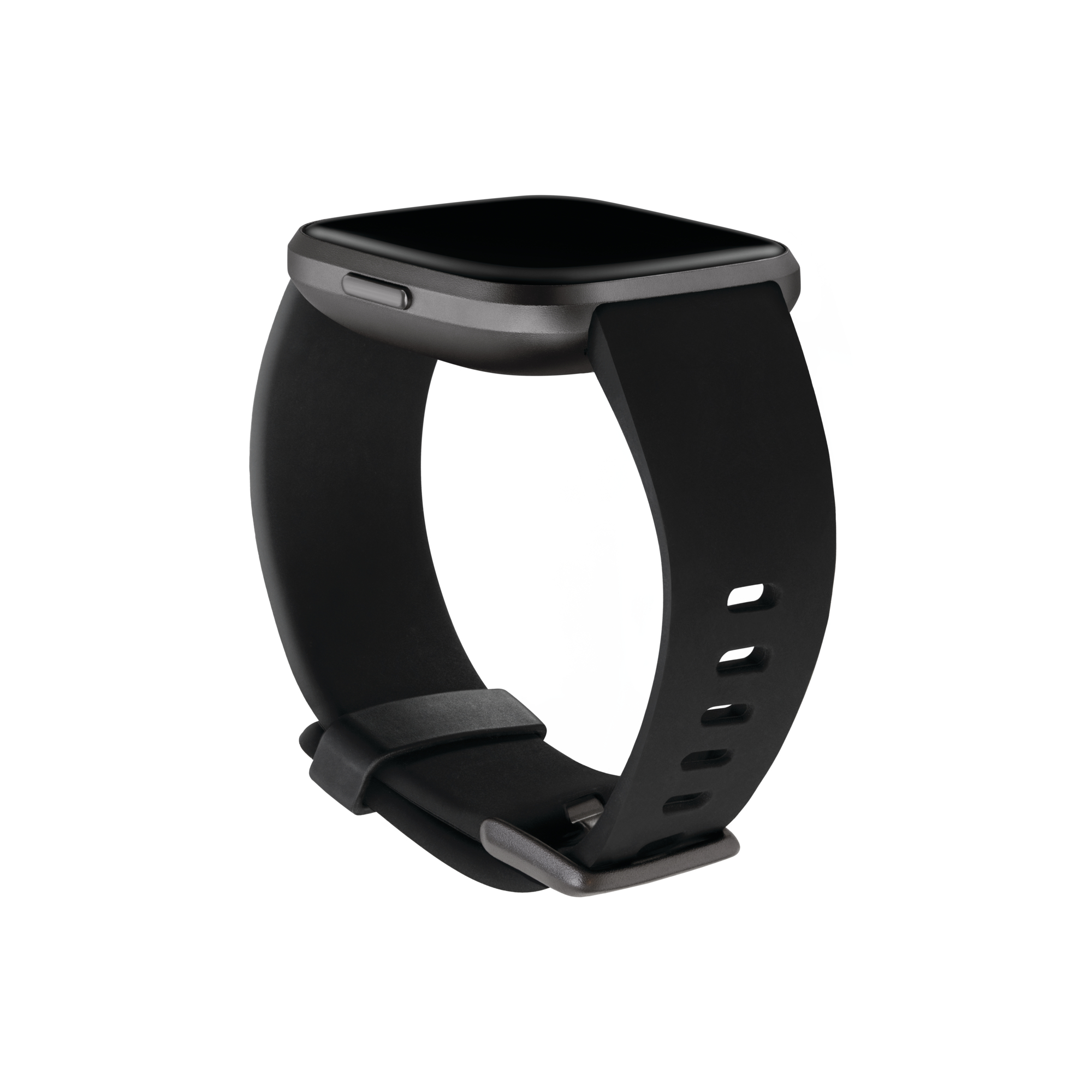 Un reloj inteligente Fitbit negro con pantalla cuadrada y correa negra. La correa está abrochada.