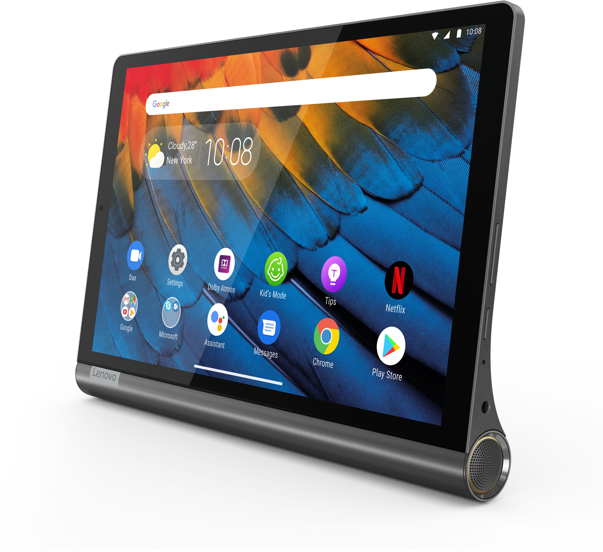 Ein Tablet mit farbenfrohem Bildschirm und Apps darauf, mit einem Lautsprecher.