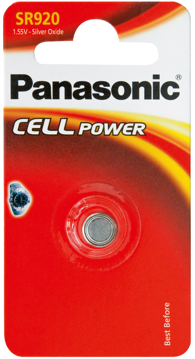 Panasonic batterijverpakking. Rode en witte verpakking met een zilveren batterij zichtbaar.